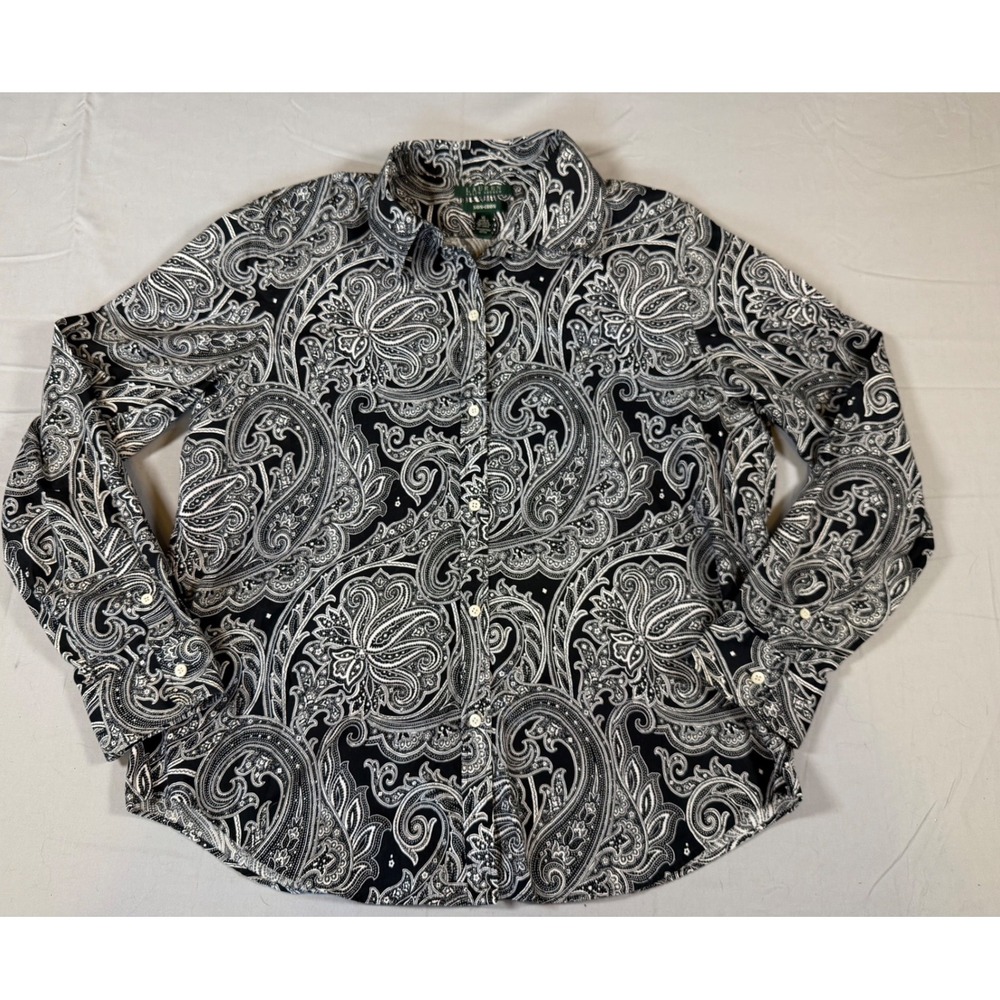 Lauren Ralph Lauren Black White Paisley Non-Iron Cotton Button Down Shirt XL